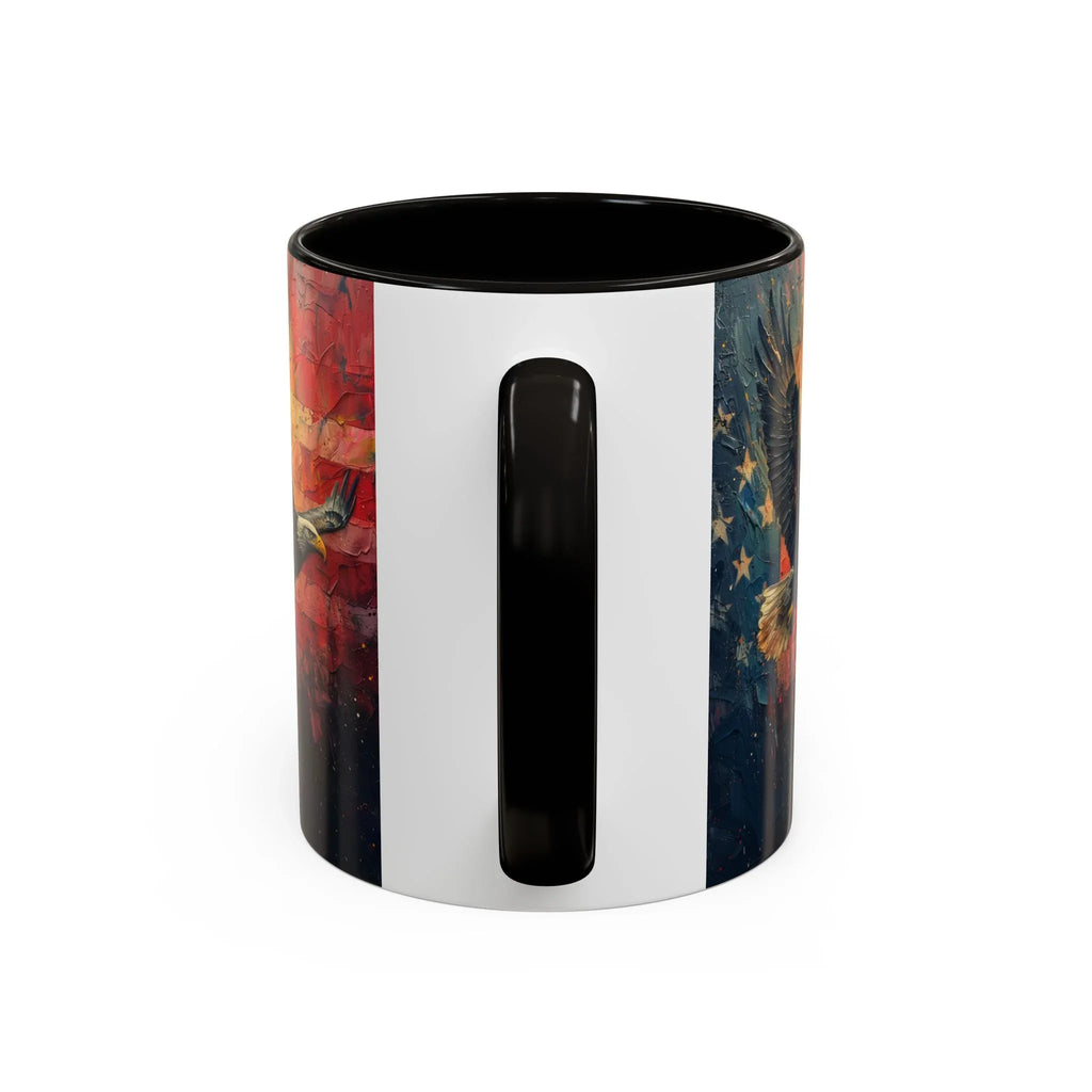 Colorful Mugs (11oz, 15oz) American Eagle Flying Coffee Cup, Patriotic American Eagle flying with American Flag in background - 250 USA Celebration