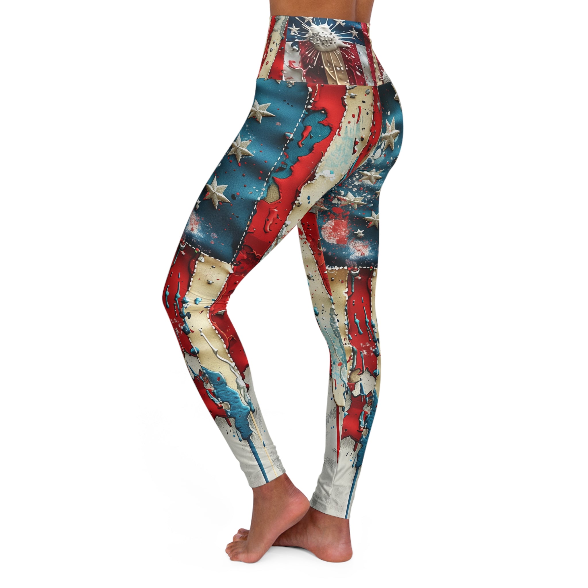 American Flag High-Waisted Yoga Leggings — Distressed Vintage Stars & Stripes