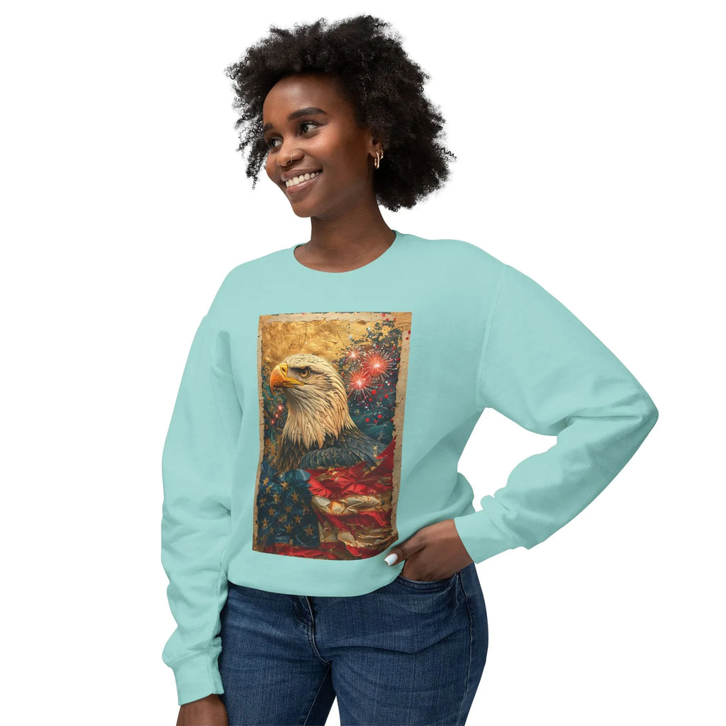 Triumphant Bald Eagle clutching American Flag Sweatshirt | Patriotic Fireworks Outline - 250 USA Celebration