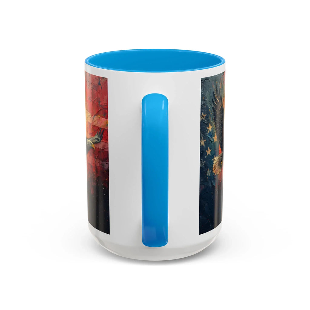 Colorful Mugs (11oz, 15oz) American Eagle Flying Coffee Cup, Patriotic American Eagle flying with American Flag in background - 250 USA Celebration