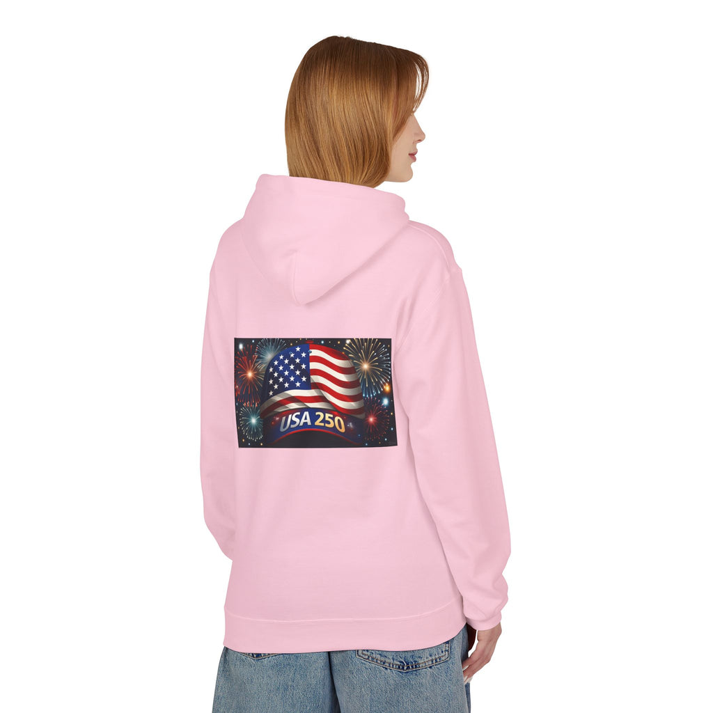 USA 250 Patriotic Hoodie with American Flag & Fireworks