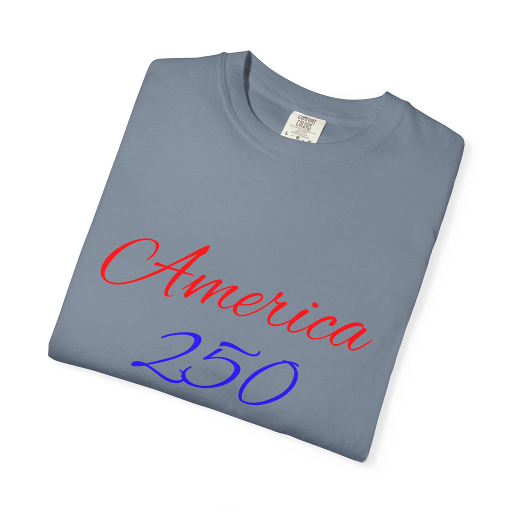 America 250 T-shirt | Patriotic Script, Red and Blue Text