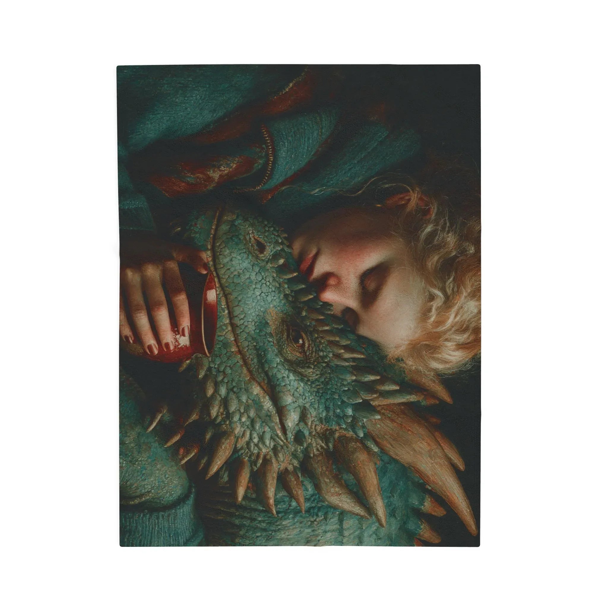 Woman Cuddling Dragon Velveteen Blanket | Fantasy Art Plush Throw - 250 USA Celebration