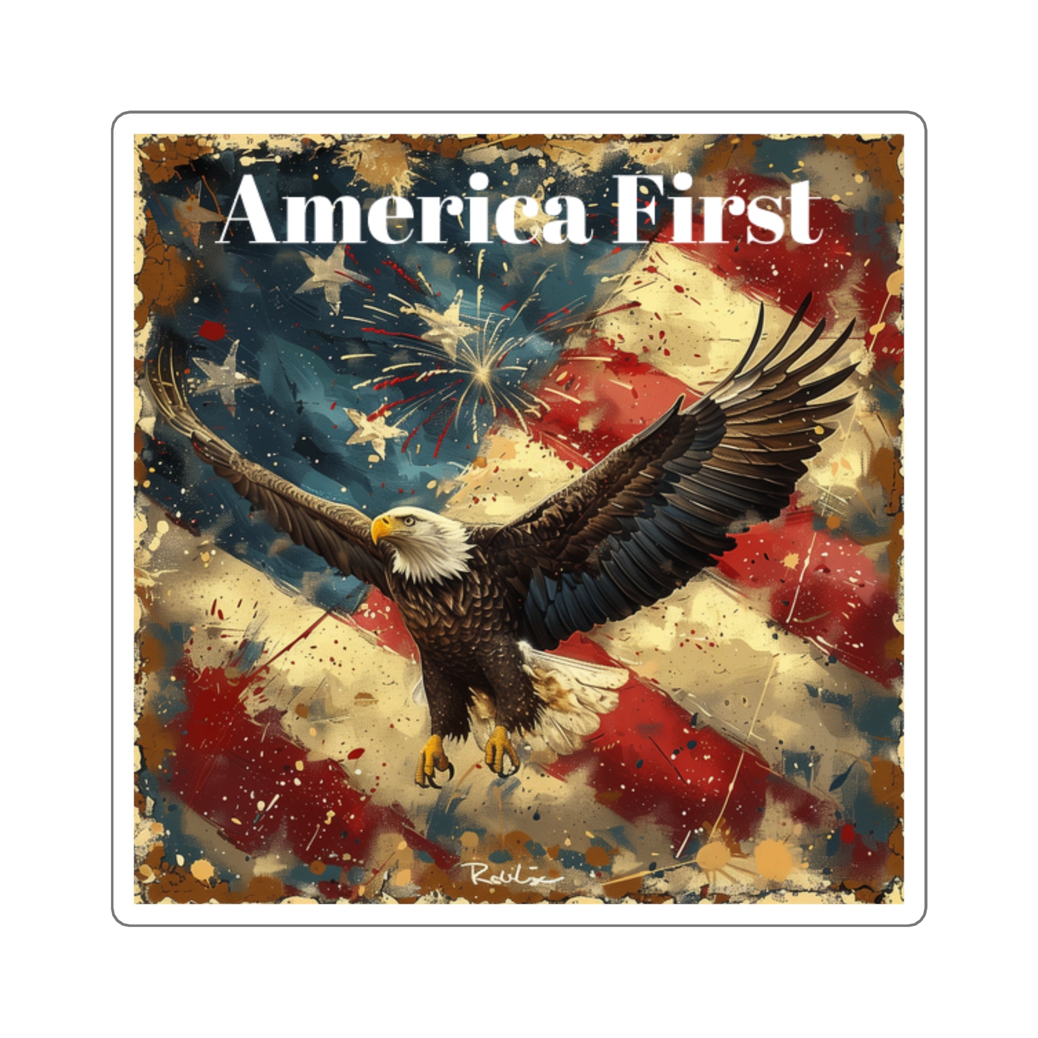 America First Eagle Square Sticker — Patriotic US Flag Decal for Laptops, Water Bottles & Cars