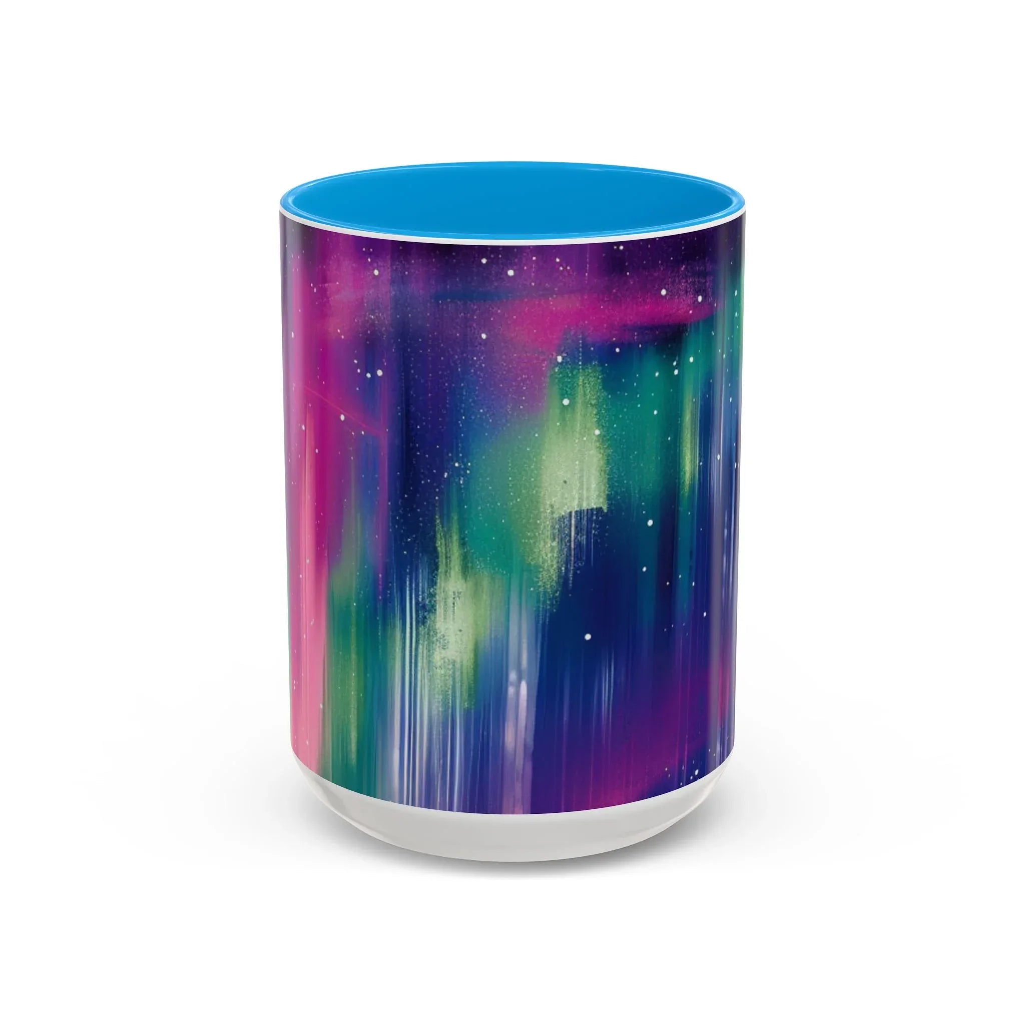 Colorful Mugs (11oz, 15oz), aurora borealis coffee cup design, northern lights starry silhouettes coffee cup - 250 USA Celebration