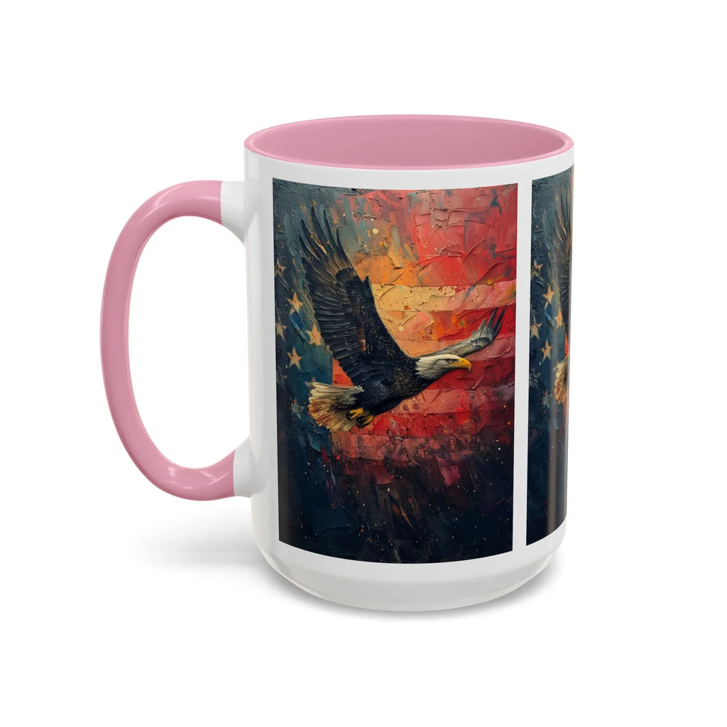 Colorful Mugs (11oz, 15oz) American Eagle Flying Coffee Cup, Patriotic American Eagle flying with American Flag in background - 250 USA Celebration