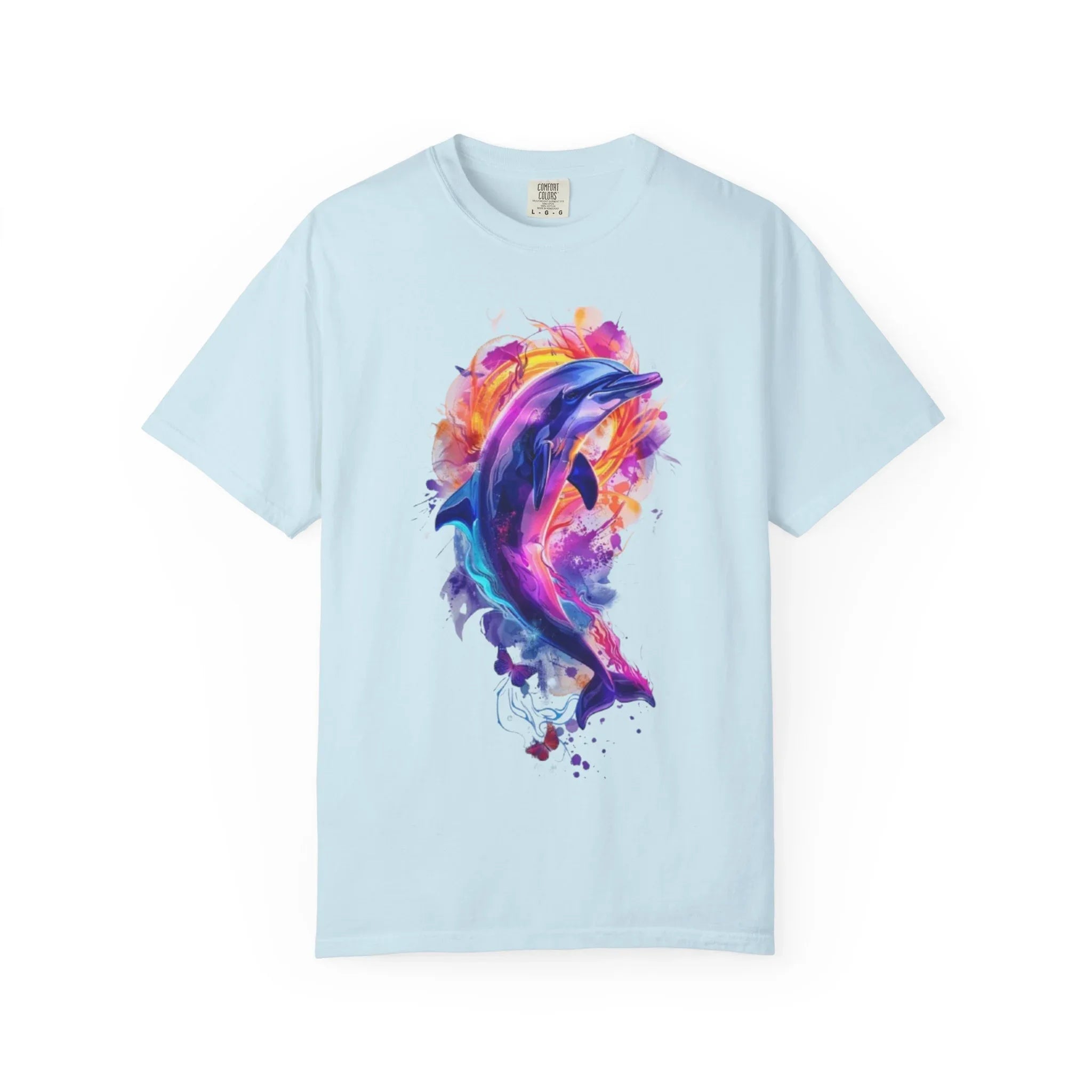 Colorful Watercolor Dolphin T-shirt | Vibrant Ocean Dolphin Tee Chrome Y2K Fantasy Dolphins & Butterflies T-Shirt | Airbrushed Liquid Metal - 250 USA Celebration