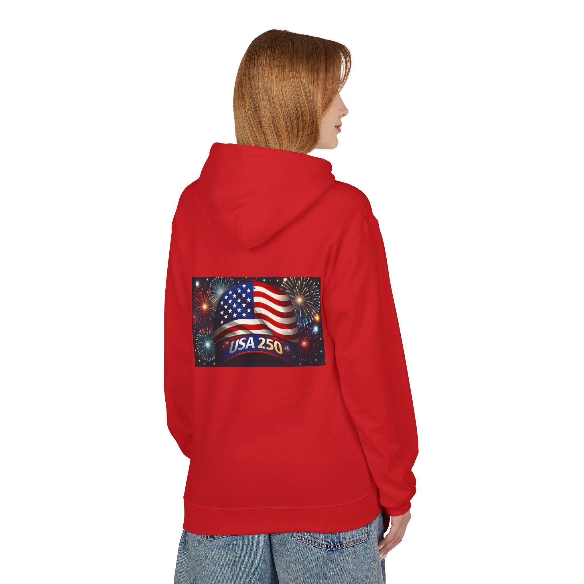 USA 250 Patriotic Hoodie with American Flag & Fireworks